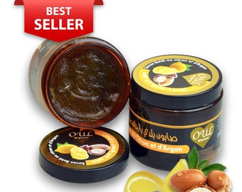 Pure Moroccan Black Soap with Organic Argan Oil and Lemon - Exfoliating Hammam Spa Natural Beldi Soap Skin Body Scrub Savon Noir 200g