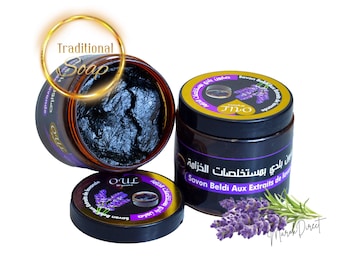 Pure Hammam Spa Moroccan Black Soap - Lavender Black Beldi Soap Natural Skin Body Exfoliation Savon Noir 200g