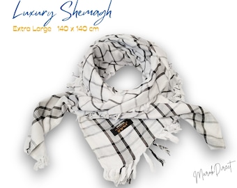 Authentic Traditional Style Shemagh Keffiyeh - Black and White Shawl Scarf with Tassels for Men and Women - Extra Large Head Wrap Neck Shawl