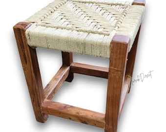 Handmade Banana Fiber and Acacia Wood Square Stool - Eco-Friendly Sustainable Footstool - Indoor Outdoor Seating Home Decor Accent Footrest
