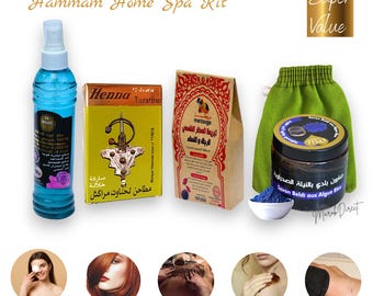 Pure Black Beldi Soap Natural Tabrima - Organic Henna Hair Colour Dye - Exfoliating Kessa Glove - Rose Water Face Spray Hammam Spa Gift Set