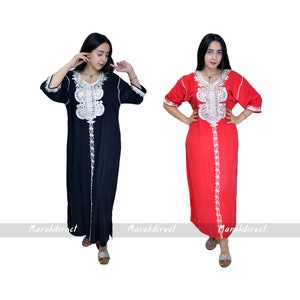 Kaftan Dress Moroccan Womens Maxi Dress White Embroidery Rhinestones 3/4 Sleeves Long Dress Casual Party Dress Size M L XL Caftan Dress