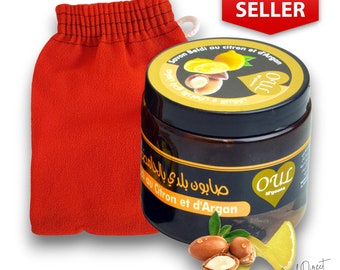 Pure Moroccan Black Soap with Organic Argan Oil - Hammam Spa Natural Beldi Soap with Exfoliating Kessa Glove - Skin Body Scrub Shower Mitt