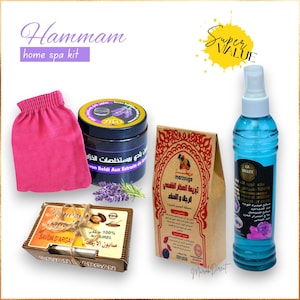 Hammam Spa Moroccan Black Beldi Soap - Tabrima with Aker Fassi - Exfoliating Kessa Glove Argan Oil Soap Bar - Rose Water Face Spray Gift Set