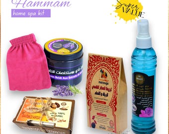 Hammam Spa Moroccan Black Beldi Soap - Tabrima with Aker Fassi - Exfoliating Kessa Glove Argan Oil Soap Bar - Rose Water Face Spray Gift Set