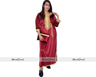 Maroon Caftan Moroccan Kaftan Dress for Women Soft Velvet Casual Long Kaftan handmade with gold Embroidery, Gift for her, Size fits M to XL