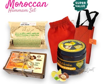 Argan Oil Moroccan Black Beldi Soap - Natural Dry Green Clay Face Mask - Exfoliating Kessa Glove - Soap Bar - Hammam Spa Self Care Gift Set