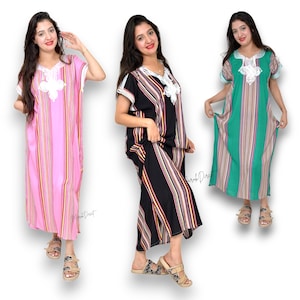 Kaftan Dress Moroccan Caftan Women Womens Dress Summer Cotton White Embroidery Maxi Loungewear Casual Bohemian Size Small Medium Large Party Eid