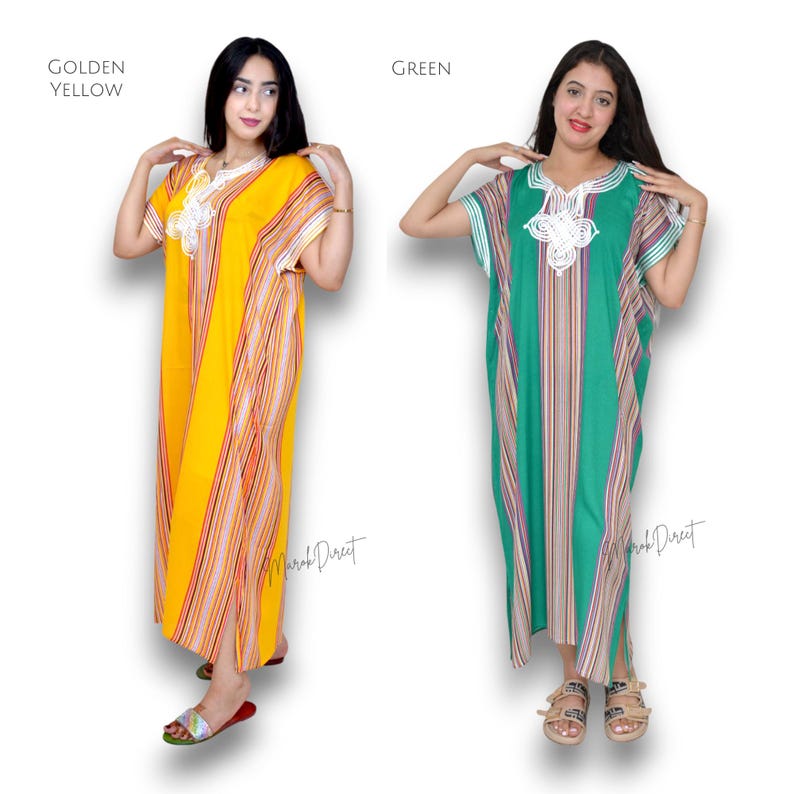 May include: Two floor-length kaftans, one golden yellow and one green, each featuring short sleeves, a V-neckline with white decorative embroidery, and vertical striped panels in shades of orange, purple, and white along the sides.