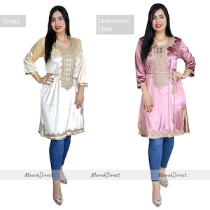 Velvet Dress Effortless Kaftan Tunic Dress Moroccan Jabador Bronze Embroidery with Belt Long Sleeves Side Slits Caftan Casual Dress One Size