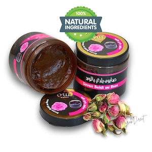 Pure Traditional Moroccan Black Soap with Rose Extract, Exfoliating Hammam Spa Black Beldi Soap, Natural Skin Body Scrub, Savon Noir 200g