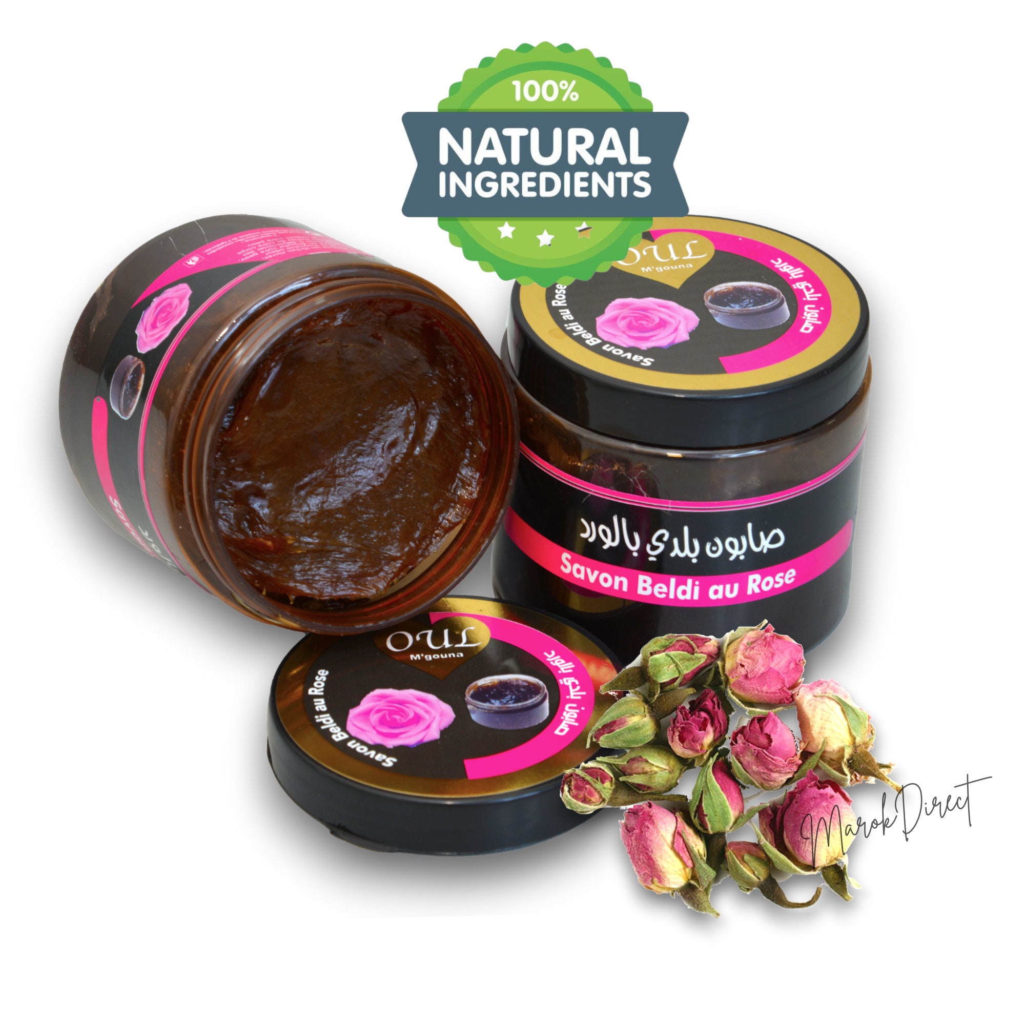 Pure Traditional Moroccan Black Soap with Rose Extract, Exfoliating Hammam Spa Black Beldi Soap, Natural Skin Body Scrub, Savon Noir 200g