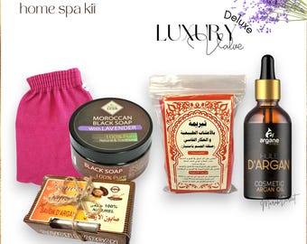 Moroccan Black Soap - Organic Argan Oil for Face, Hair and Skin - Natural Tabrima Hammam Exfoliating Kessa Glove - Spa Self Care Gift Set
