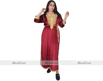 Womens Long Kaftan Dress, Moroccan Soft Velvet Kaftan Gold Embroidery Maroon Handmade Moroccan Party Caftan, Belt Style Kaftan, Gift for Her