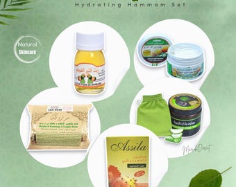 Luxury Prickly Pear Hydrating Face Cream & Oil Hammam Set - Moroccan Black Beldi Soap with Exfoliating Kessa Glove - Fine Green Clay Powder