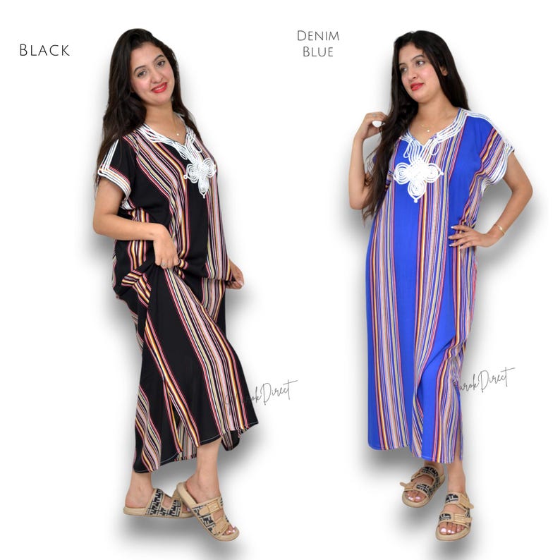 May include: Two kaftan dresses, one in black and one in denim blue, featuring vertical multicolored stripes in shades of yellow, white, and pink. Each dress has short sleeves, a V-neckline with white decorative embroidery, and side slits.