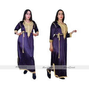 Glamorous dark Purple Velvet Dress, Gold Embroidery Traditional Moroccan Kaftan Long Abaya Dress Wedding party wear Kaftan, Caftan for Women