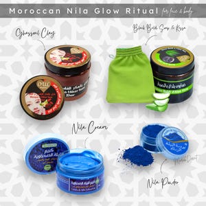 Luxury Moroccan Nila Hammam Set with Nila Powder & Cream - Black Beldi Soap, Exfoliating Kessa Glove, Ghassoul Clay Mask - Spa Self Care
