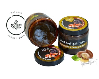 Pure Original Moroccan Black Soap with Organic Argan Oil - Exfoliating Hammam Spa Black Beldi Soap Skin Body Scrub Savon Noir 200g
