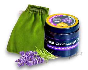 Natural Moroccan Lavender Black Soap Set with Exfoliating Kessa Glove – Traditional Beldi Soap Hammam Body Scrub Mitt Skin Care Savon Noir