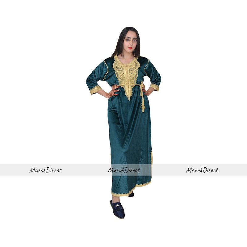 Arabian Kaftan Velvet Fabric with Colorful Crystal Embroidered Dress