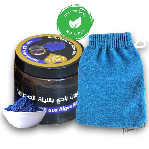 Moroccan Black Soap Blue Nila - Natural Beldi Soap with Body Exfoliating Kessa Glove Traditional Hammam Spa Skin Scrub Mitt Savon Noir 200g