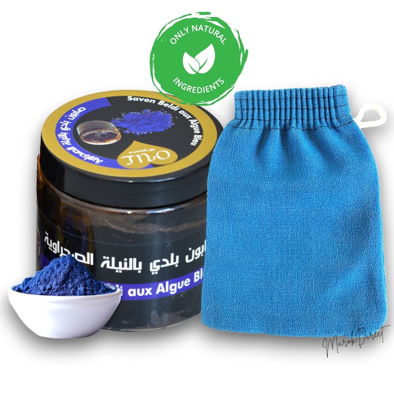 Moroccan Black Soap Blue Nila Natural Beldi Soap with Body Exfoliating Kessa Glove Traditional Hammam Spa Skin Scrub Mitt Savon Noir 200g