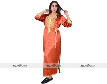 Moroccan Kaftan Velvet Evening dress Scarlet Orange Long Maxi Dress, Embroidered Caftan for Women Three Quarter Sleeves Dress Eid Gift Dress