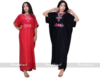 Moroccan Linen Kaftan Dress, Floral Embroidery Maxi Caftan