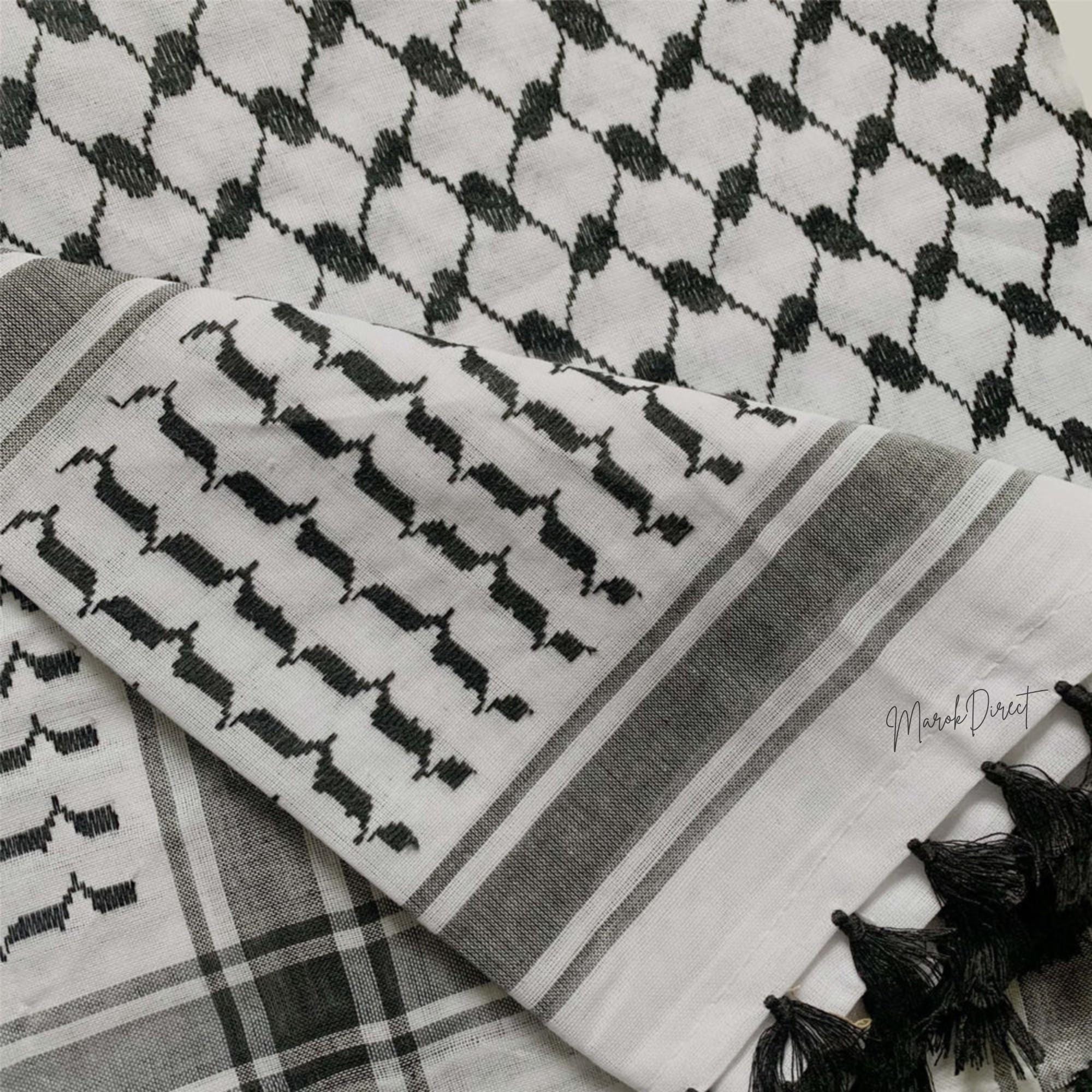 Shemagh Écharpe Palestine Kuffiyeh Noir Et Blanc – Foulard Arabe Traditionnel Avec Franges 125x125 Cm