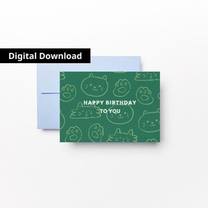 Carte de joyeux anniversaire avec des chats, HBD pour enfants, carte de voeux verte avec empreintes de chaton, enveloppe imprimable, téléchargement immédiat