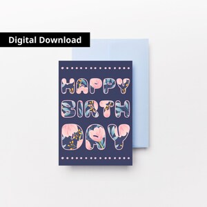 Cartão de feliz aniversário com letras de flores, HBD para amigos, cartão floral em aquarela para ela, envelope para impressão, download instantâneo