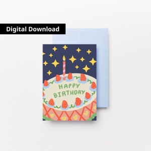Printable Birthday Card with BD Cake, Happy Birthday Card with Candle, Greeting Card for Kids, Printable Envelope, Instant Download