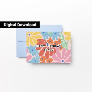 Happy Birthday to You-kaart met kleurrijke bloemen, HBD voor haar, roze bloemenwenskaart voor moeder, afdrukbare envelop, direct downloaden