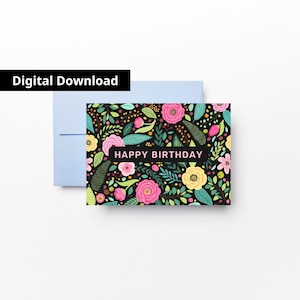 Carte de joyeux anniversaire avec des fleurs colorées, HBD pour elle, carte de voeux florale pour maman, enveloppe imprimable, téléchargement immédiat