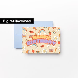 Carte de joyeux anniversaire avec des graphiques colorés, carte de vœux pour enfant, carte de voeux arc-en-ciel pour ami, enveloppe imprimable, téléchargement immédiat