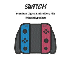 以下が含まれることがあります： 青と赤のコントローラーが付いたニンテンドースイッチのデジタル刺繍ファイルデザイン。シャツ、バッグ、その他の布製品のパッチやアップリケを作成するのに最適です。