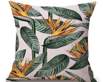 Bird of paradise Indoor Tropical floral Palm Leaf Lumbar Retro Cushion Cover 