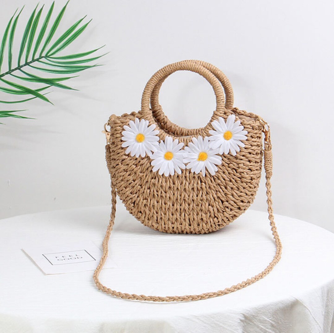 Woven Straw Hang Bag With White Daisies Woven Straw Hand Bag - Etsy