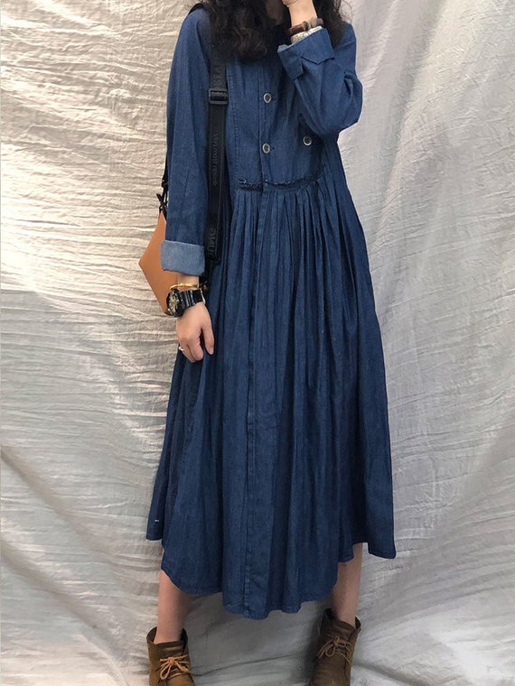 AnikkiStudio Denim Long Dress with Long Sleeves-ONE Piece Denim Dress-Spring Fashion-Autumn-Fashion