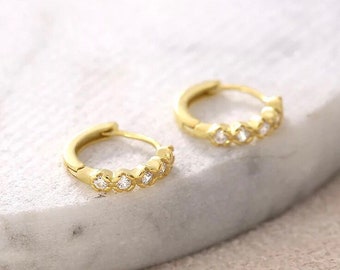 Huggie hoop earrings 925 silver with zirconia stones | 8mm Mini CZ Earring | golden hoops | Wrap earring 18k gold plated