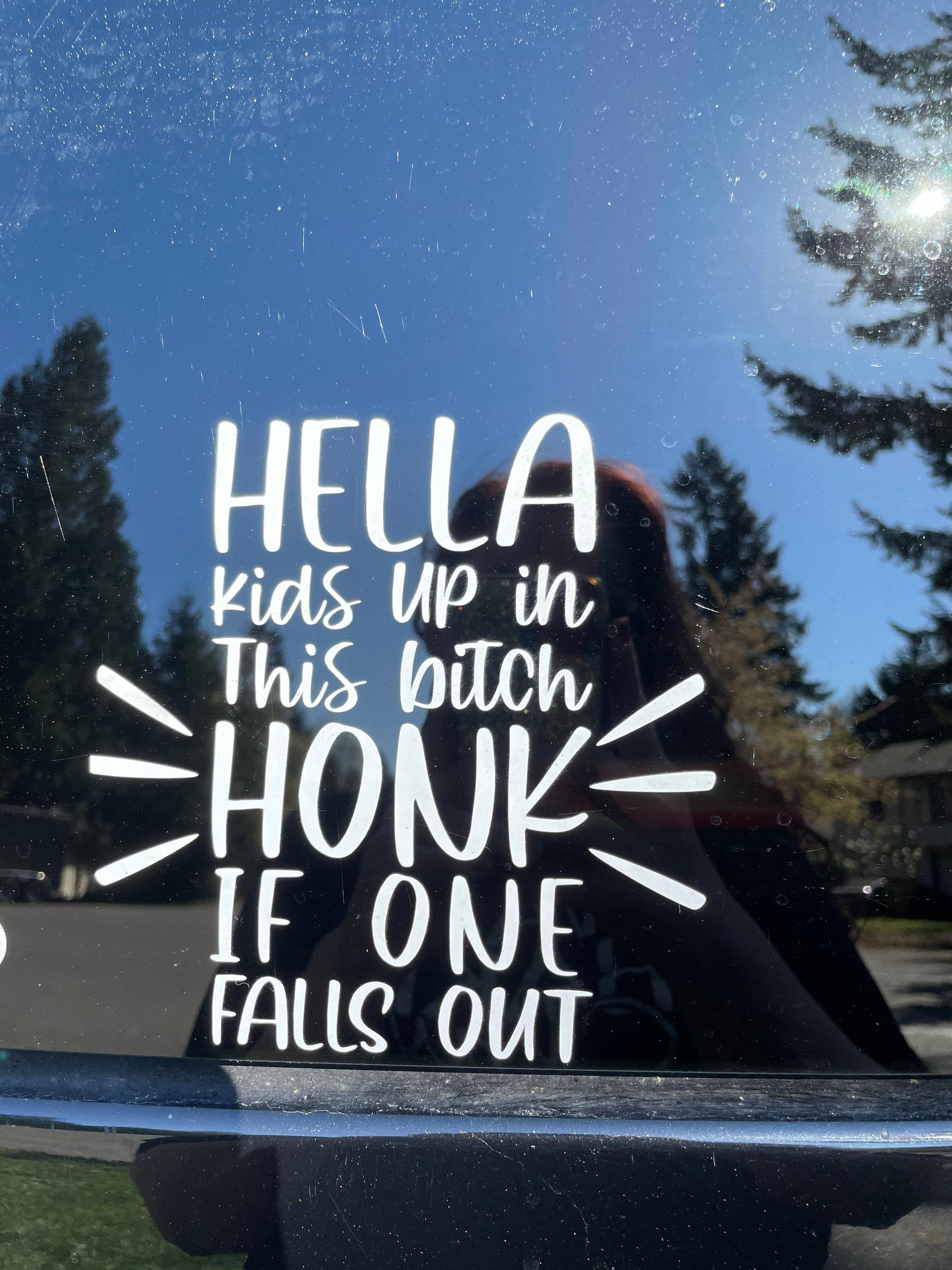 FUNNY BUMPER STICKER "HELLA KIDS IN THIS BITCH" BABY ON BOARD DECAL 