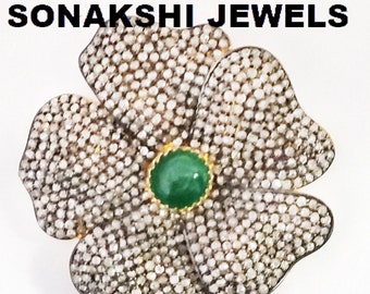 Emerald Flower Brooch: 925 Sterling Silver Pave Diamond Handmade Jewelry Brooch