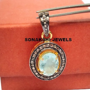 Pave Diamant und Blautopas Edelstein Anhänger 925 Sterling Silber Handmade Design Silber Chian Anhänger Jubiläumsgeschenk für ihren Etsy Neu Verkaufen