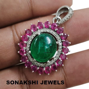 Natural Emerald & Ruby Silver Pendent Silver Jewelry Gift For Him