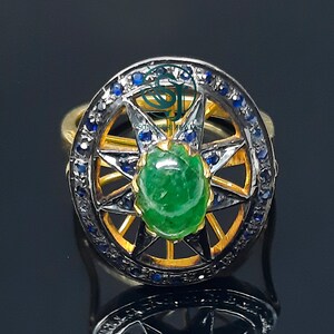 Oval Emerald & Blue Sapphire Ring: Sterling Silver Statement Ring