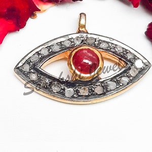 Diamond Pave Evil Eye Pendant: Ruby, Sterling Silver Charm
