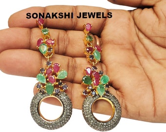 Emerald Ruby Diamond Earrings: Pave 925 Sterling Silver Handmade Jewelry Earrings