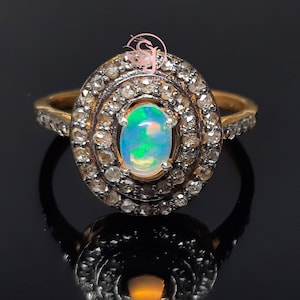 Genuine Pave Diamond Opal Gemstone Cocktail Ring Solid 14k Yellow Gold Plated Wedding Fine Jewelry Gift For Women's