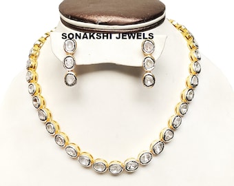 Handmade Design Diamond Polki Necklace Set: 925 Sterling Silver Necklace.